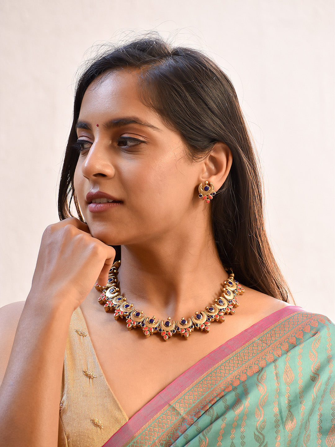 Antique Gold-Toned Crescent Terracotta Choker Set with Blue and Pink Enamel Accents