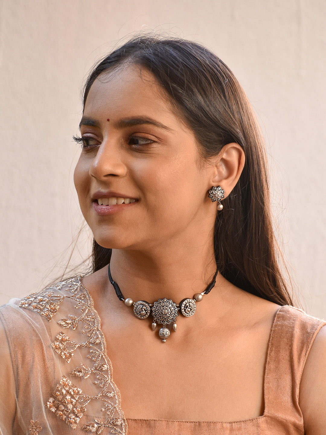 Mandala and Peacock Art work Silver Finish 100% Handmade Terracotta Choker Necklace Set - Kantara