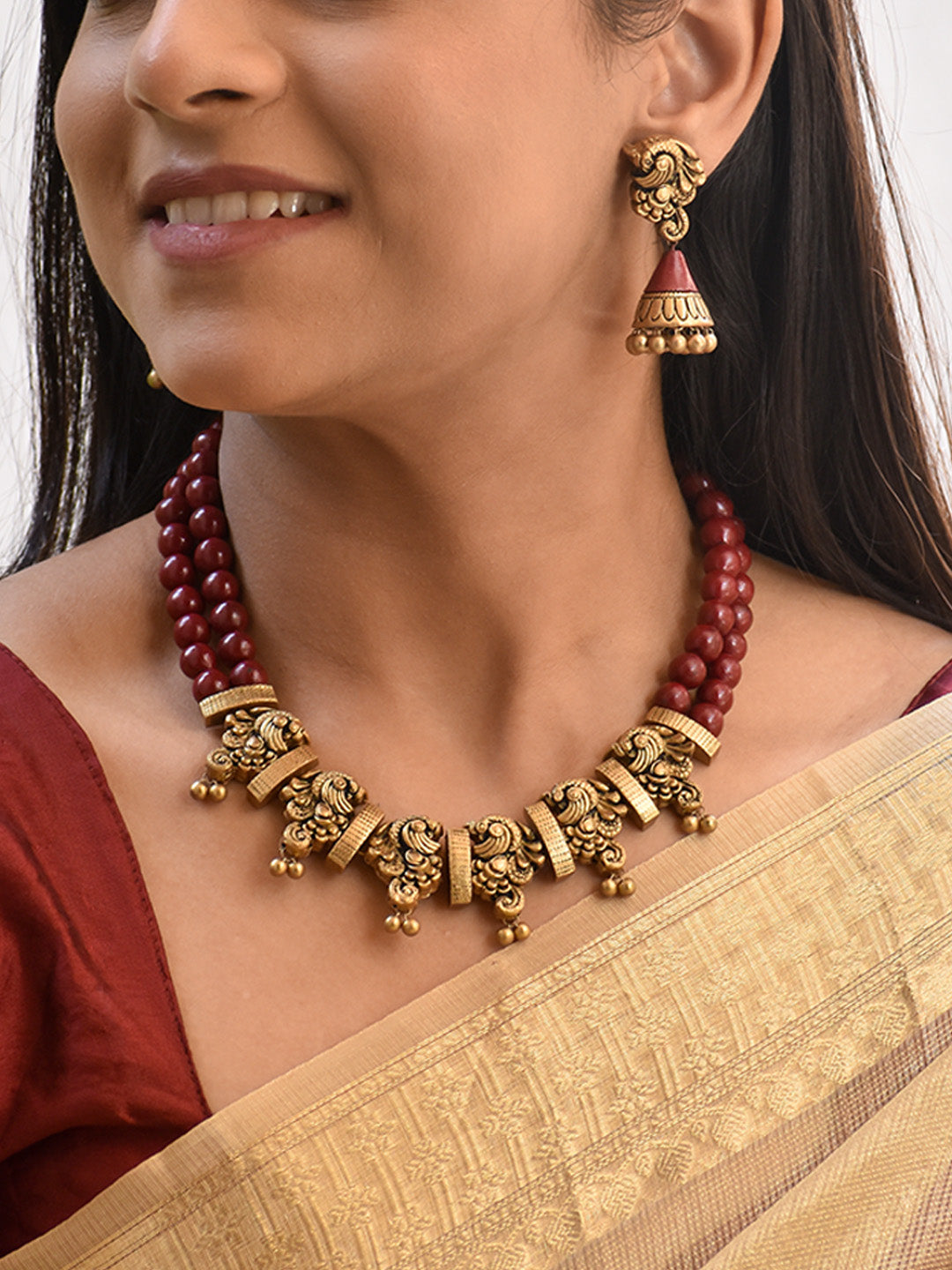 Devyani - Handcrafted Temple Two layer Terracotta Jewellery Set in Maroon & Antique Gold
