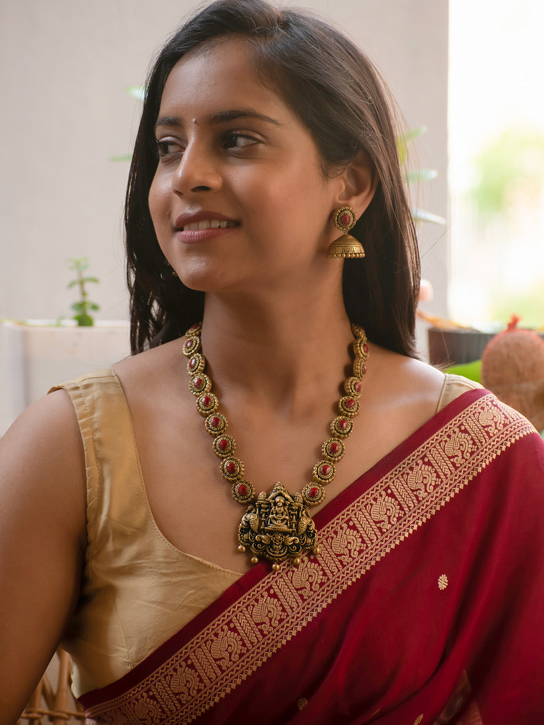 Antique Gold and Maroon Peacock and Lakshmi Design Handmade Terracotta Necklace Set