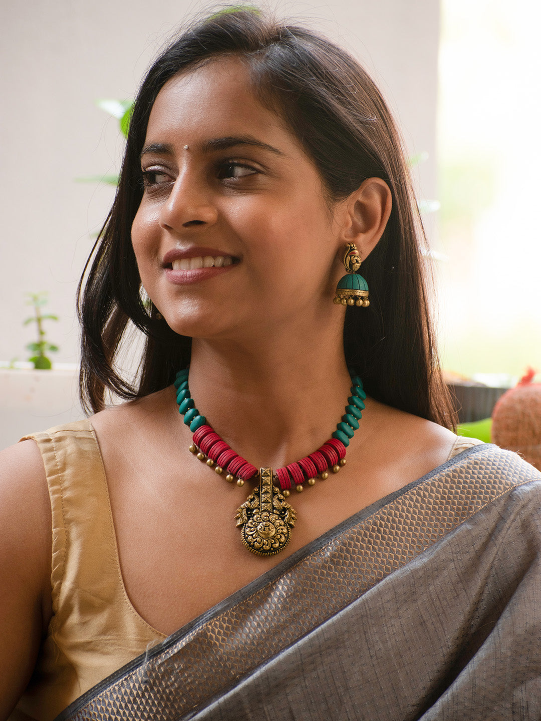 Antique Gold Green and Red Peacock Design Handmade Terracotta Necklace Set