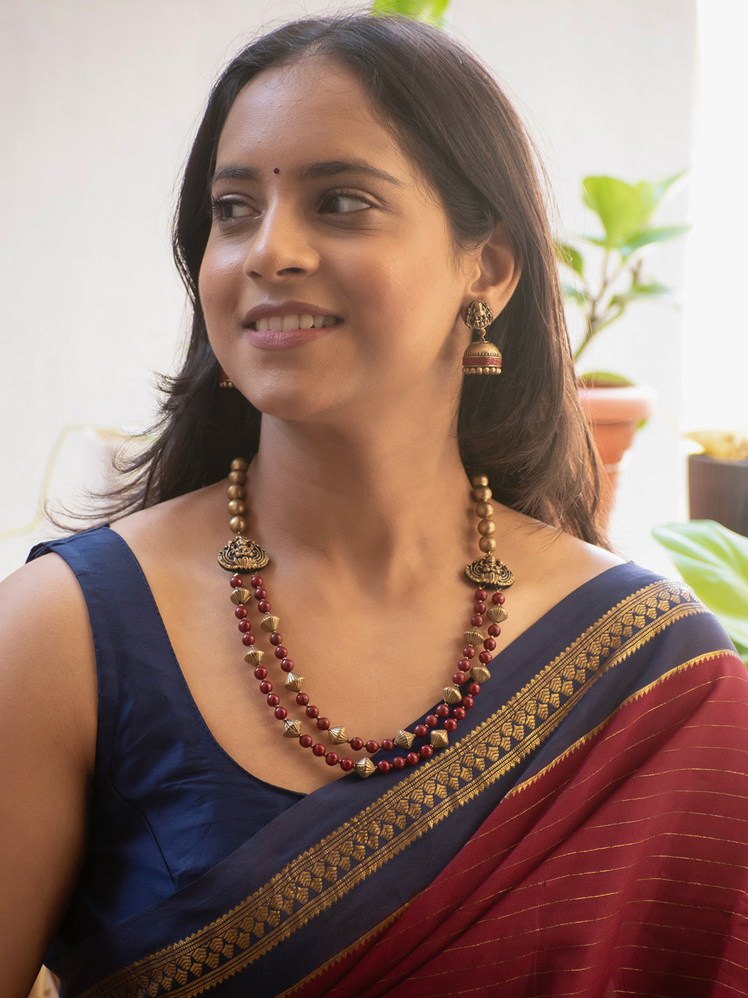 Antique Gold and marron two Layered Lakshmi Design Handmade Terracotta Necklace Set