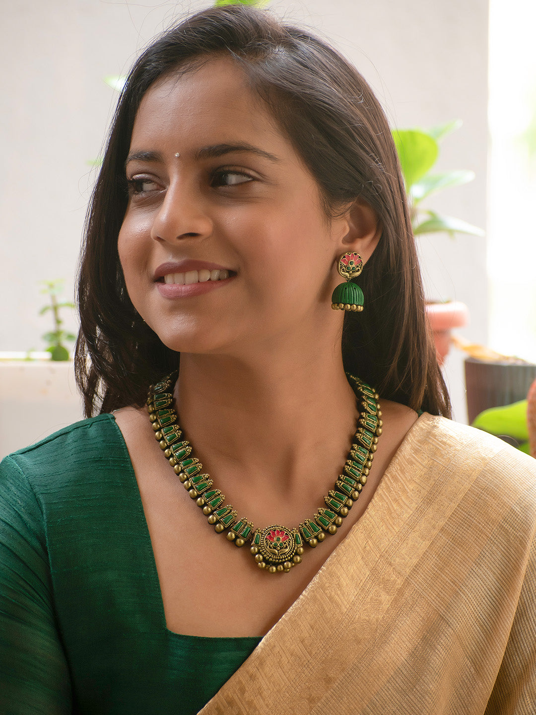 Harshapushpa — Antique Gold Green and Pink Flower Design Handmade Terracotta Necklace Set