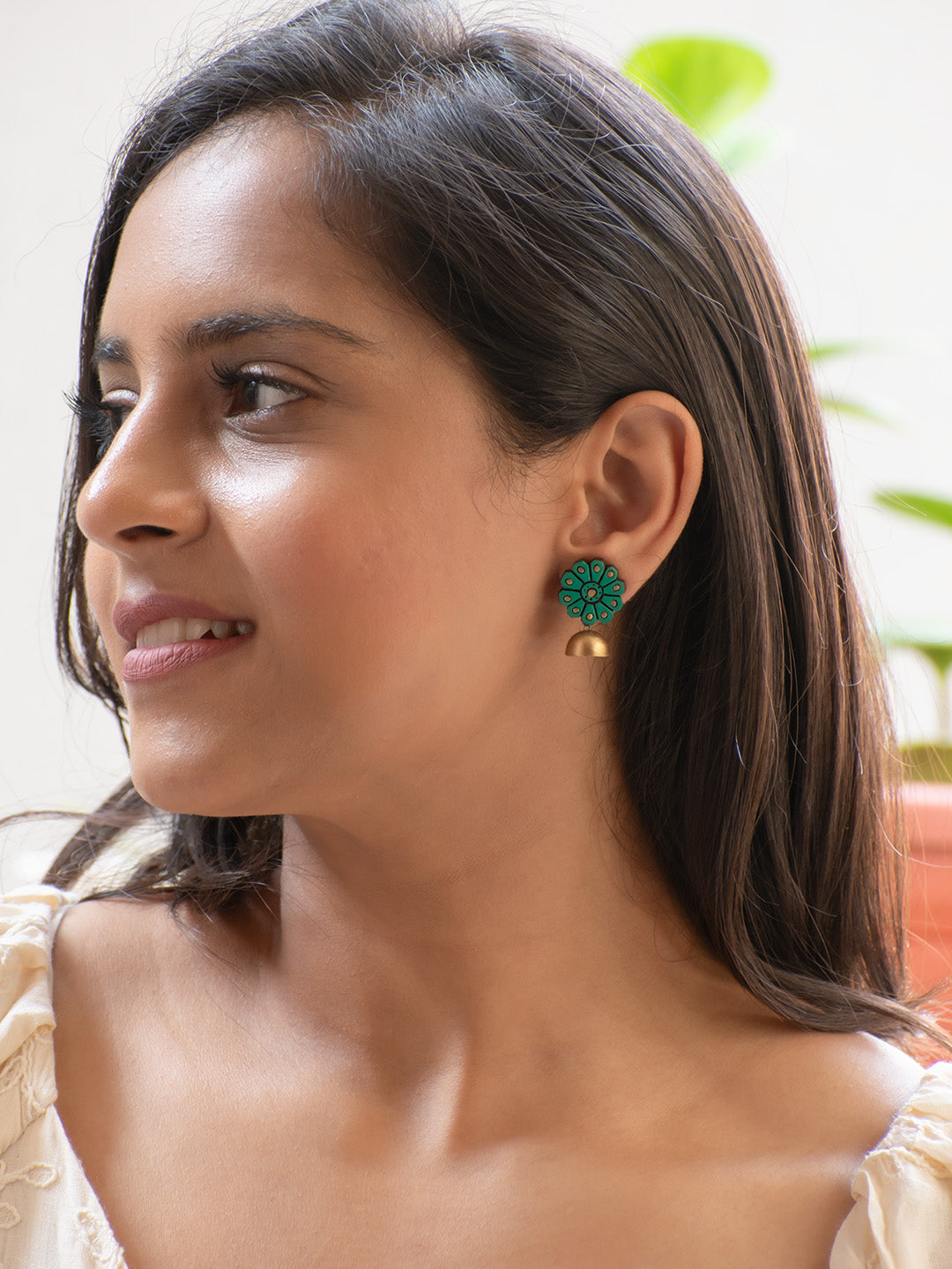 Emerald Green and Gold Flower Design Hand-Painted Terracotta Earrings
