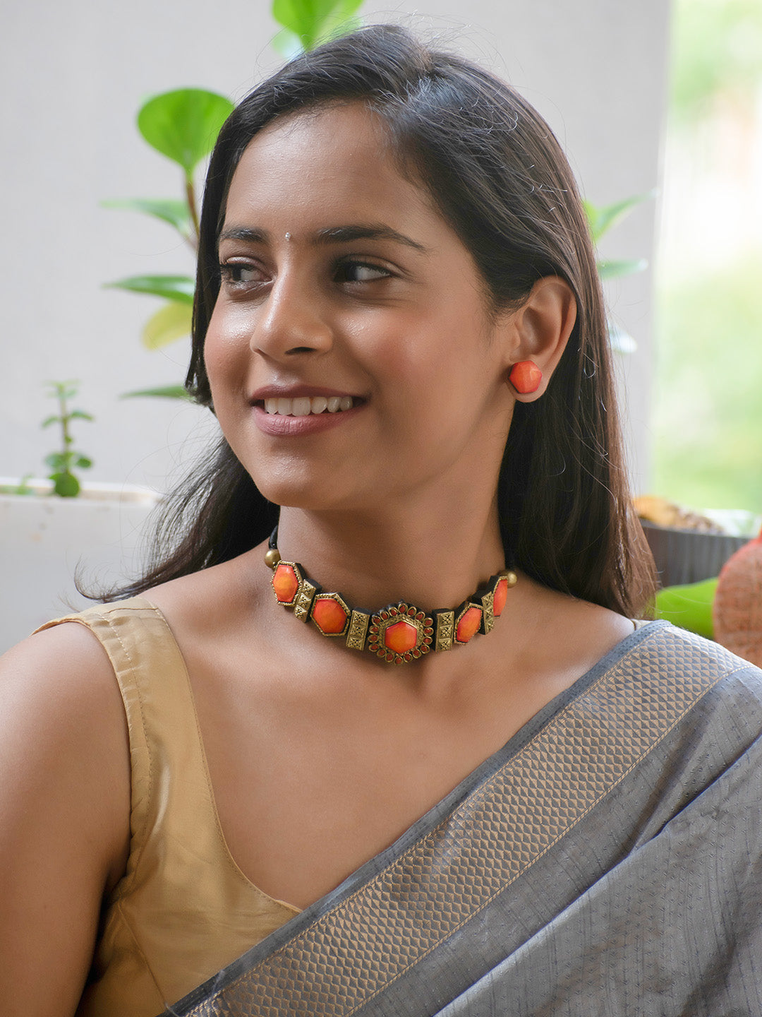 Hexagon Orange Choker Handmade Terracotta Necklace Set