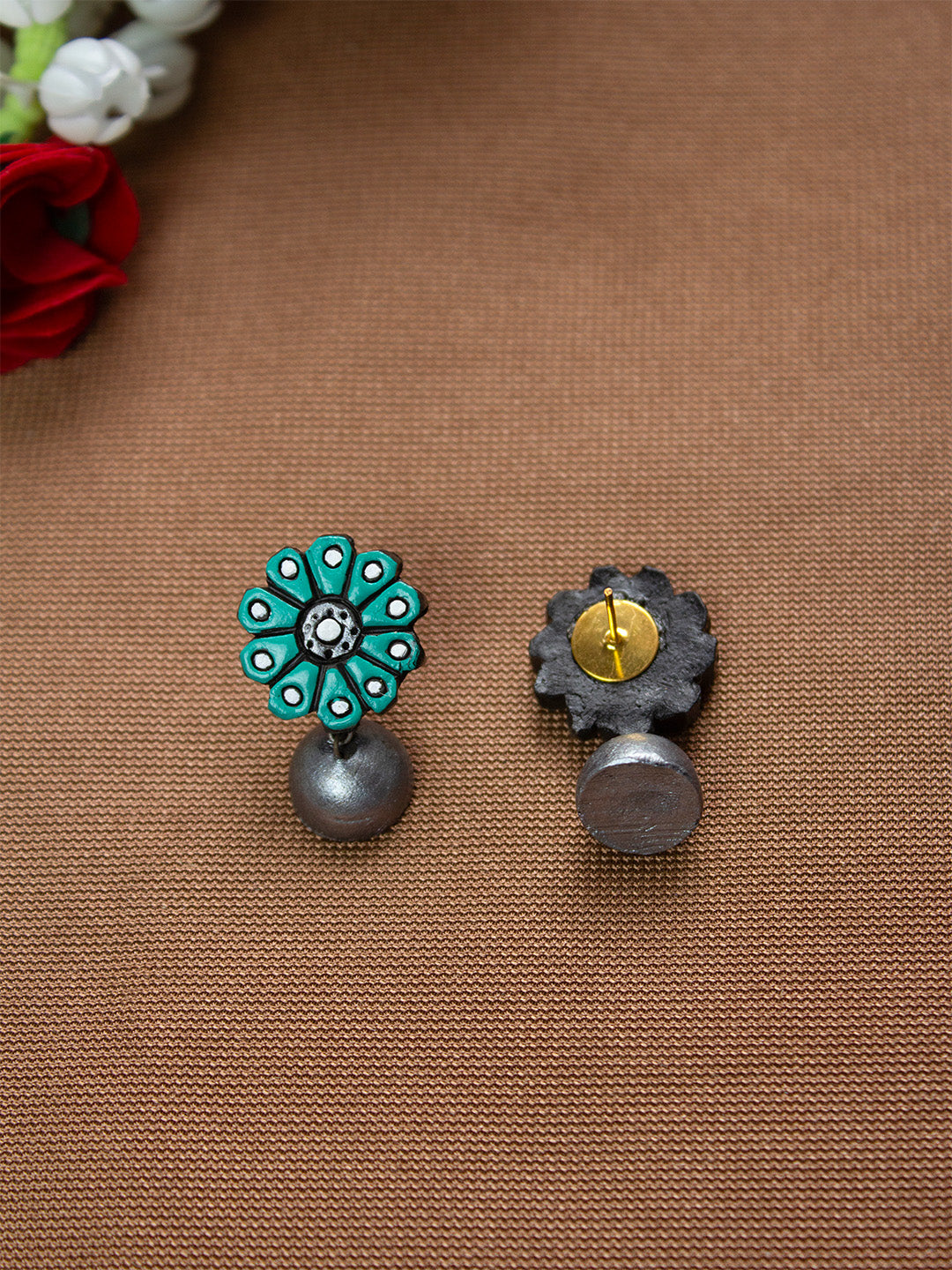 Emerald Green and Silver Flower Design Hand-Painted Terracotta Earrings