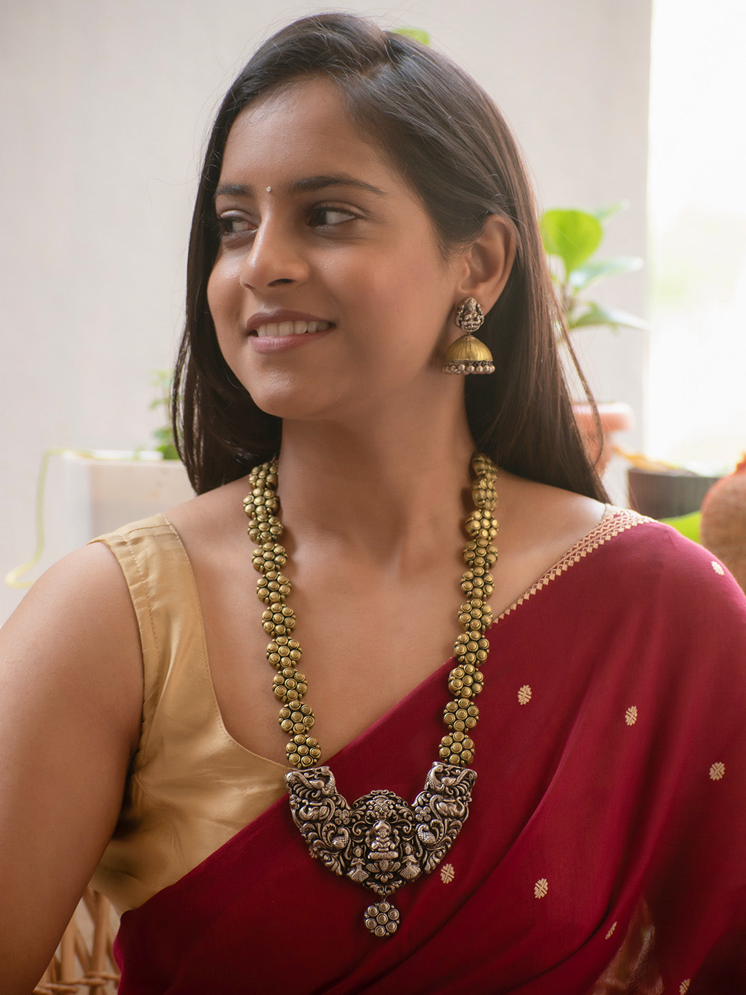 Antique Gold and Antique Silver Peacock and Lakshmi Design Handmade Terracotta Necklace Set