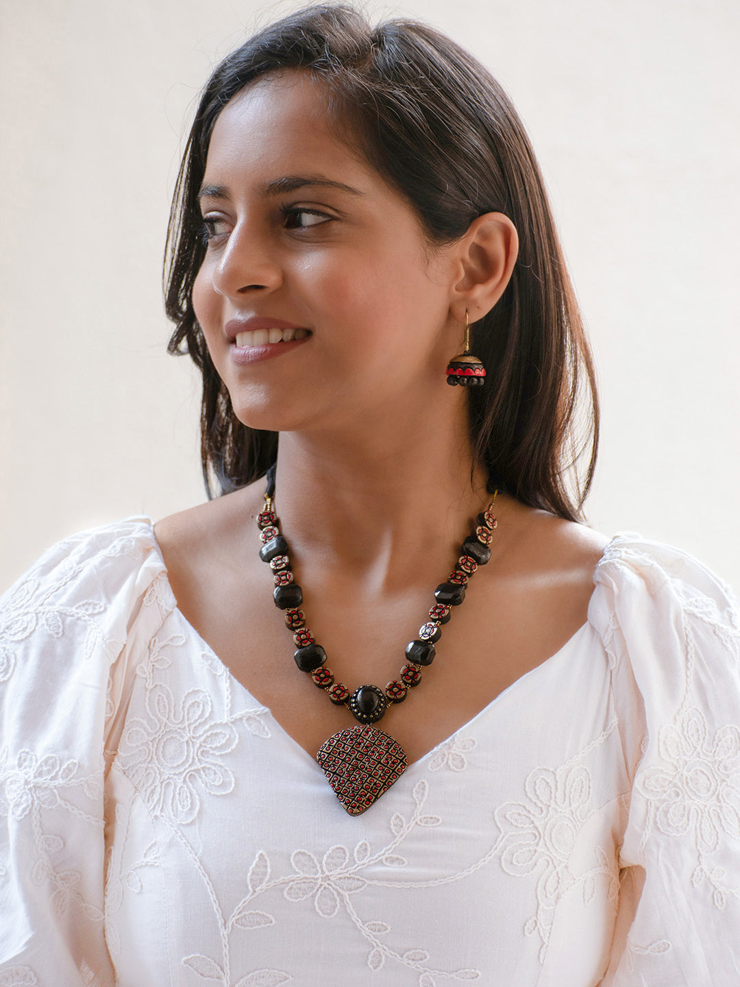 Red and Black Floral Design Handmade Terracotta Necklace Set