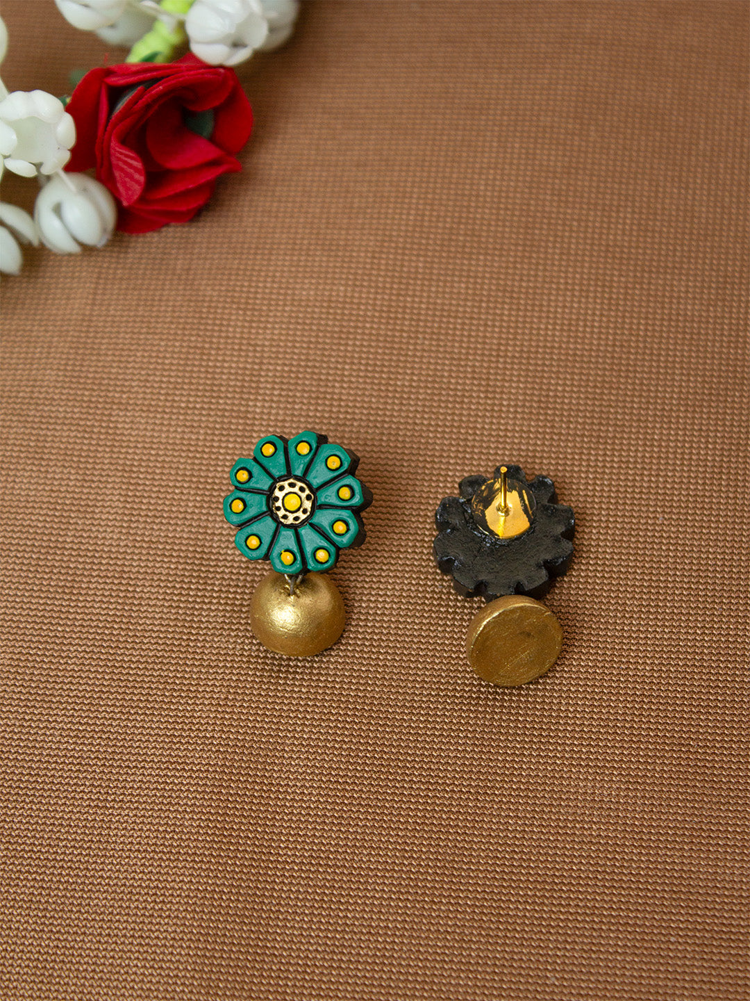 Green and Gold Flower Design Hand-Painted Terracotta Earrings