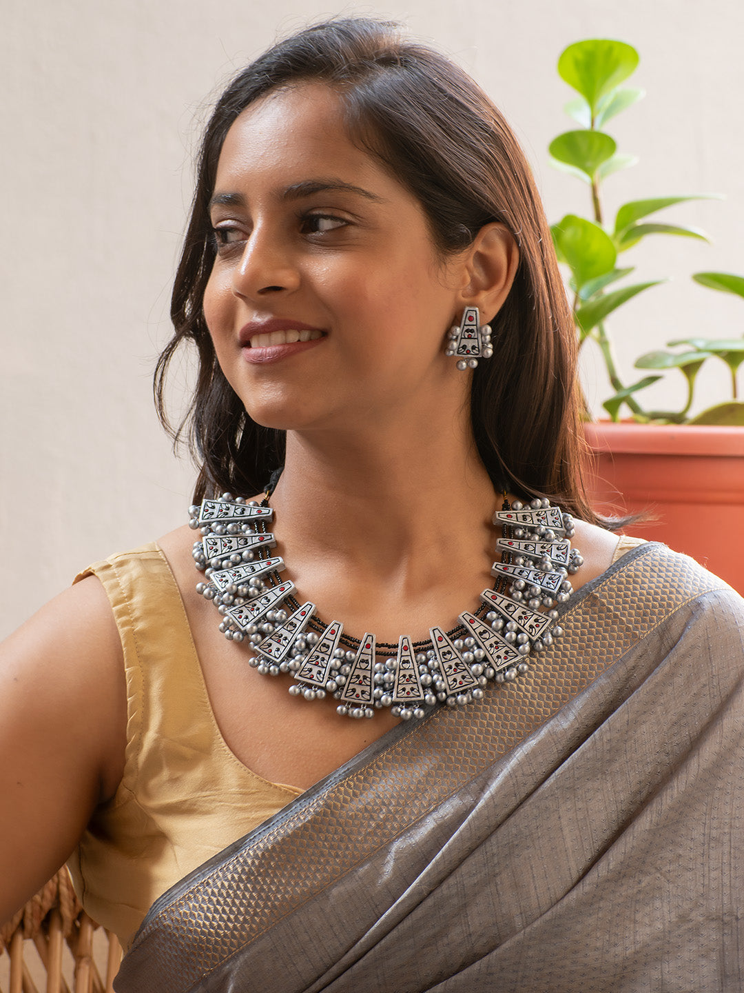 Silver and Black Geometric Design Handmade Terracotta Necklace Set