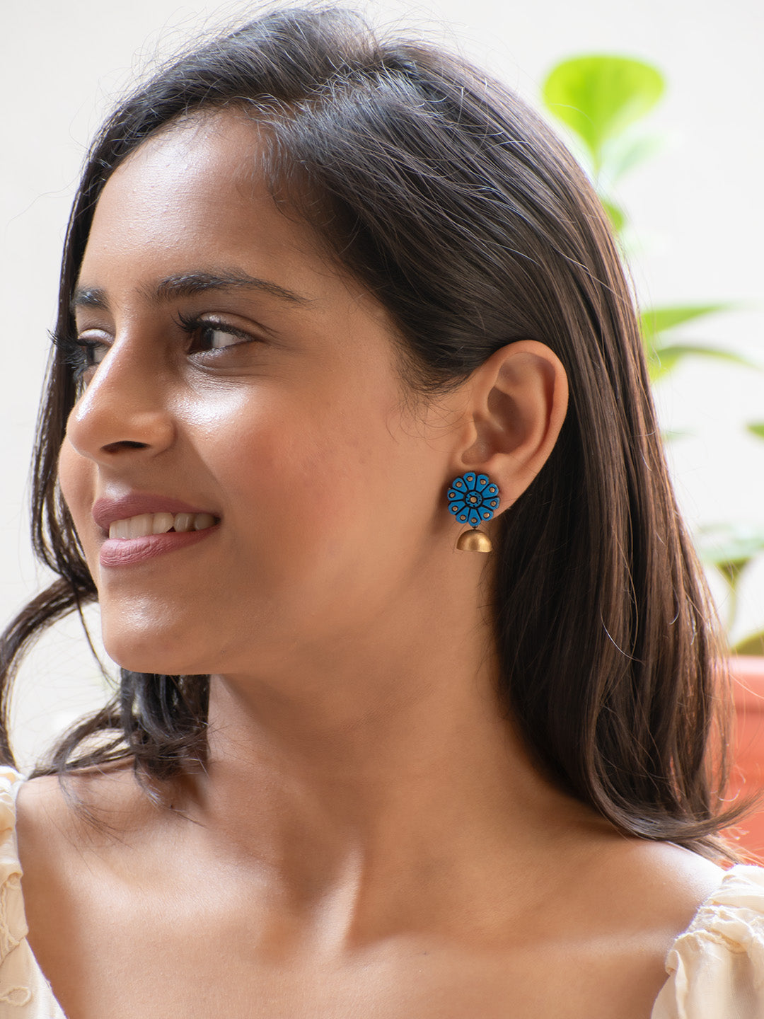 Blue and Gold Flower Design Hand-Painted Terracotta Earrings