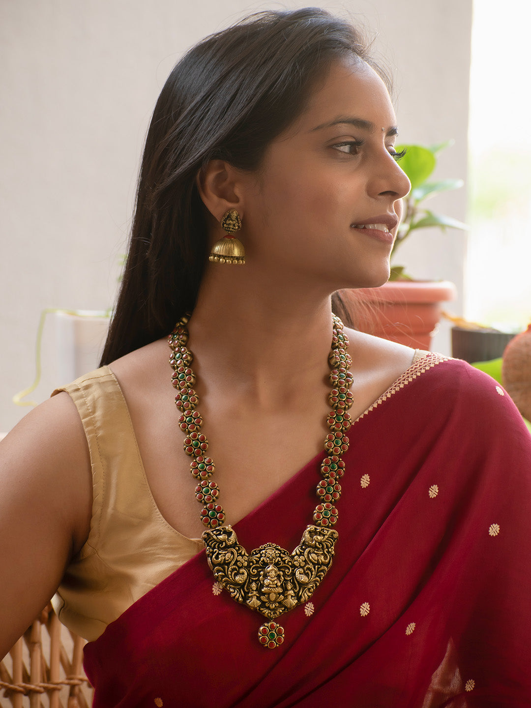 Antique Gold Red and Green Peacock and Lakshmi Design Handmade Terracotta Necklace Set