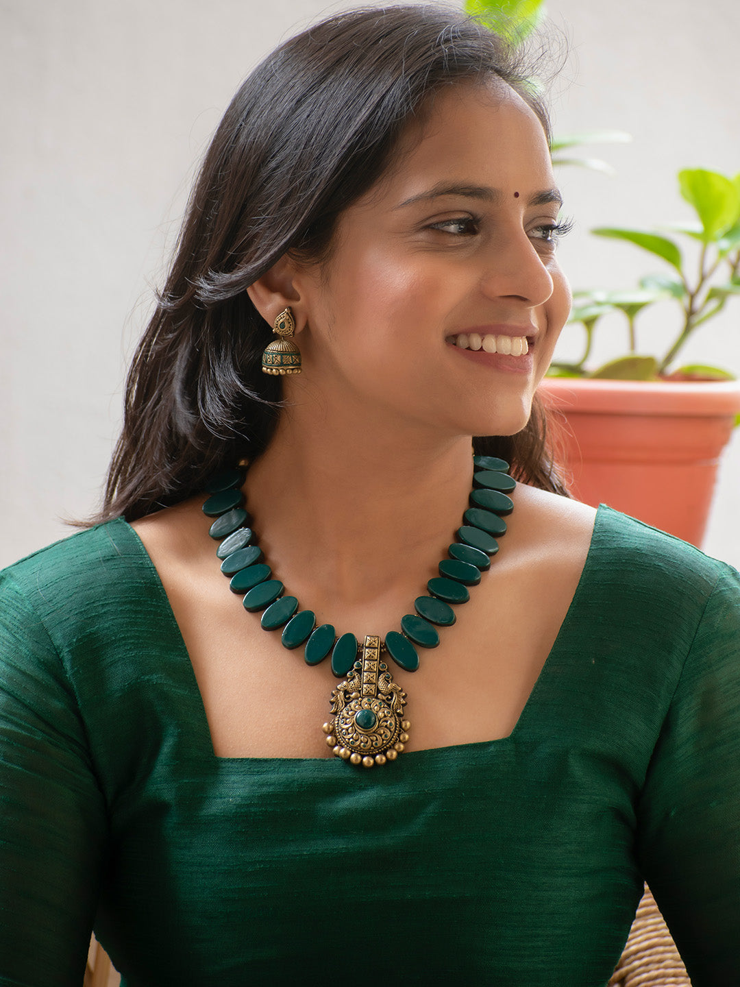 Mayuravarna — Antique Gold and Green Peacock Design Handmade Terracotta Necklace Set