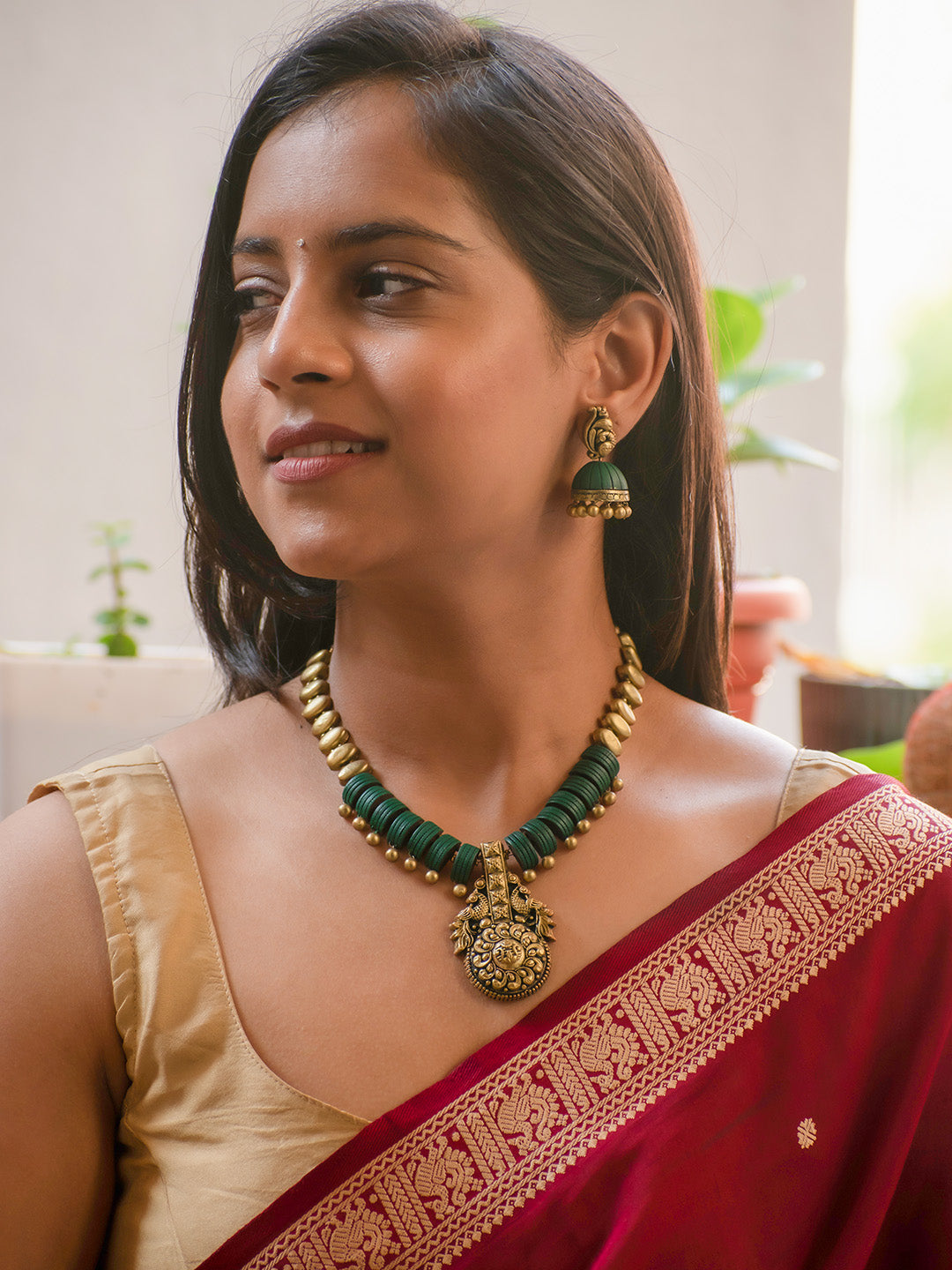 Mayurashri — Antique Gold and Green Peacock Design Handmade Terracotta Necklace Set