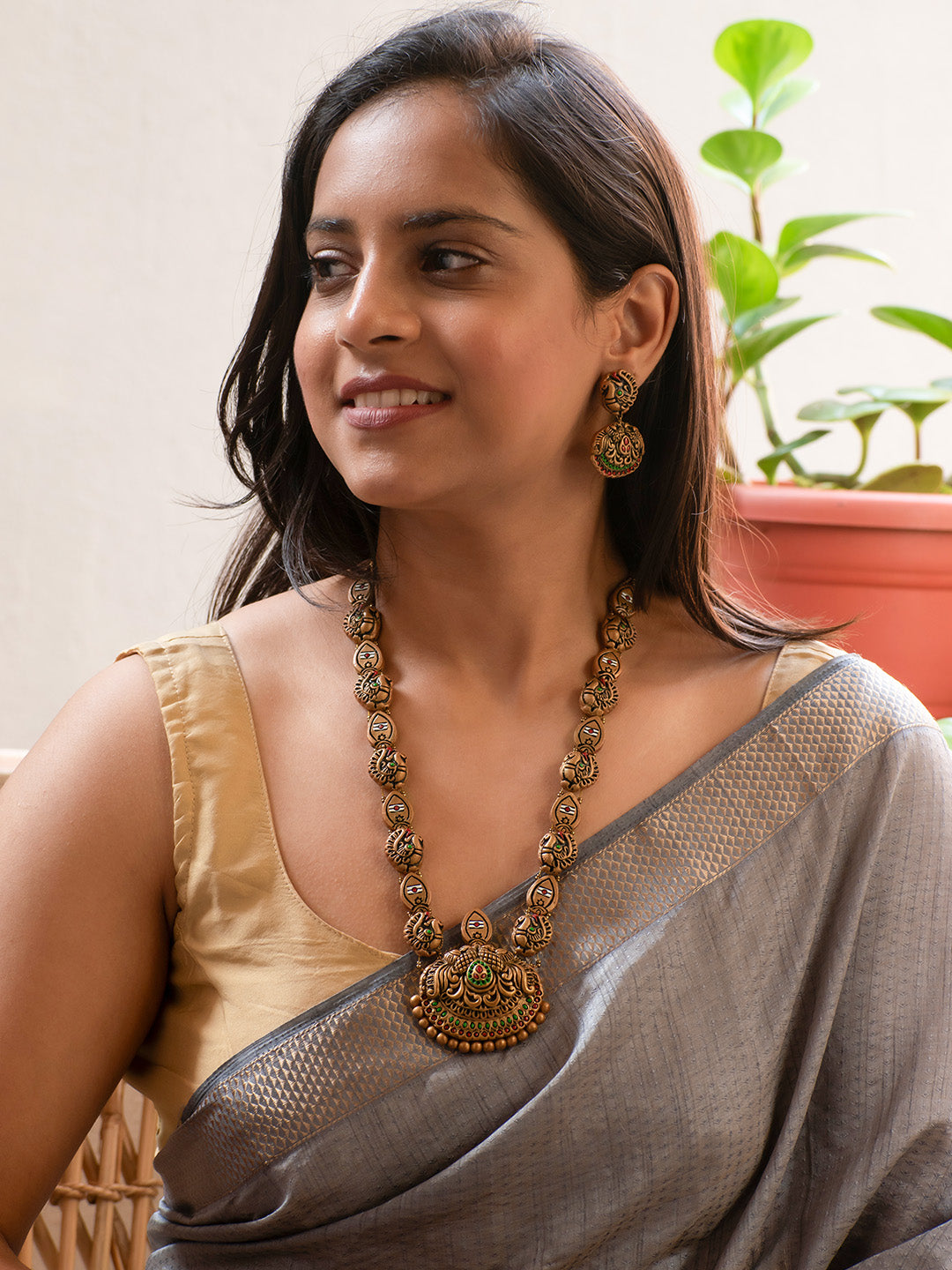 Gold Red and Green Murugar Design Handmade Terracotta Necklace Set