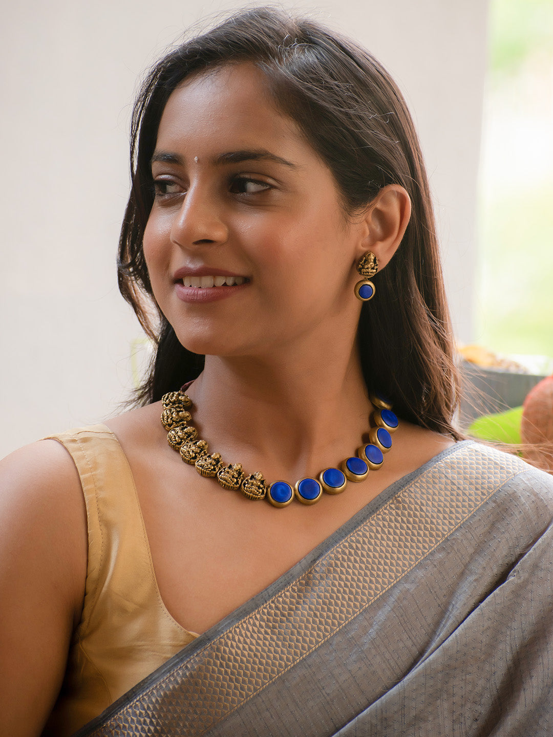 Antique Gold and Blue Coin and Lakshmi Design Handmade Terracotta Necklace Set