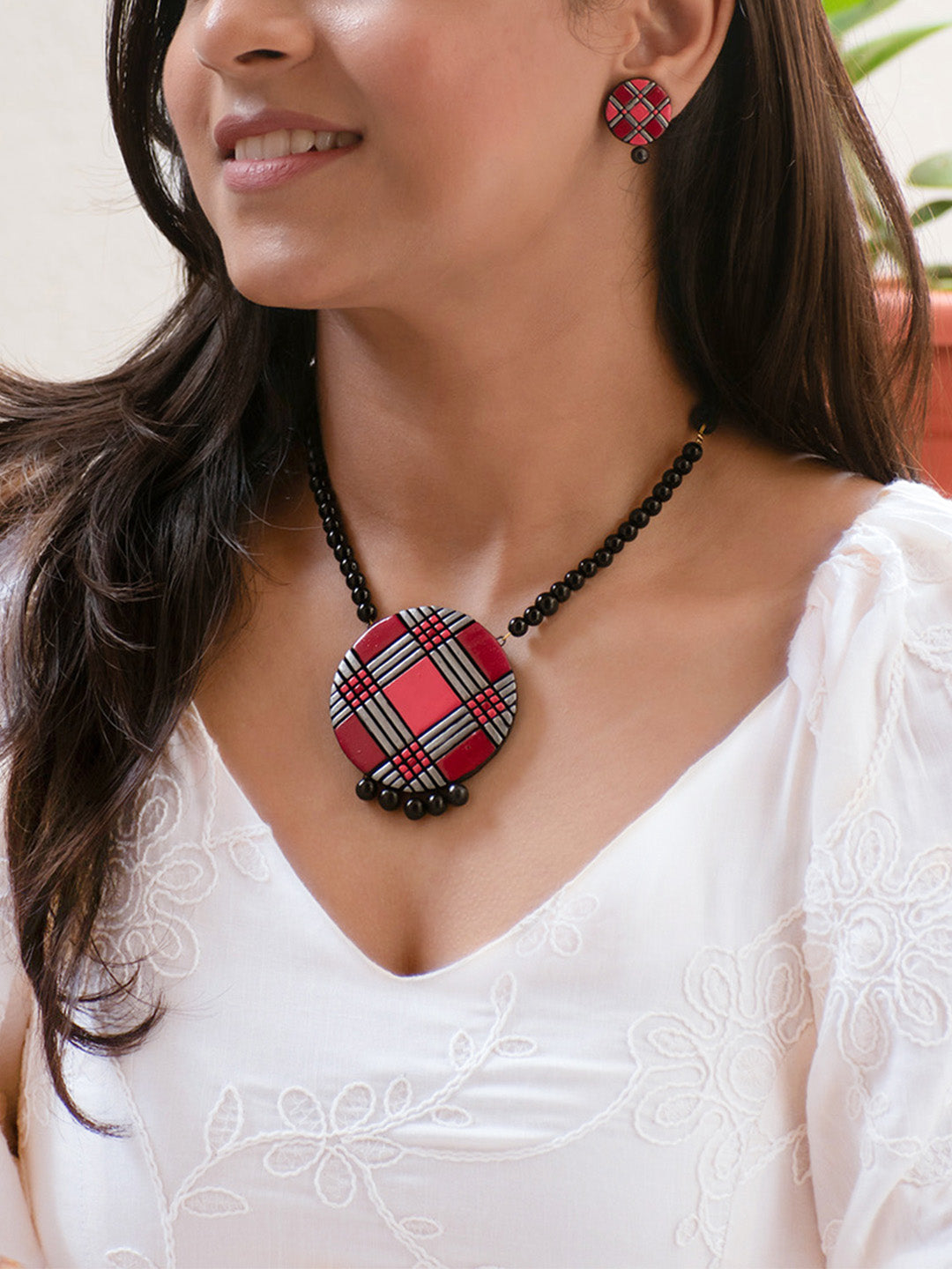 Ranjataka — Pink and Black Geometric Design Handmade Terracotta Necklace Set