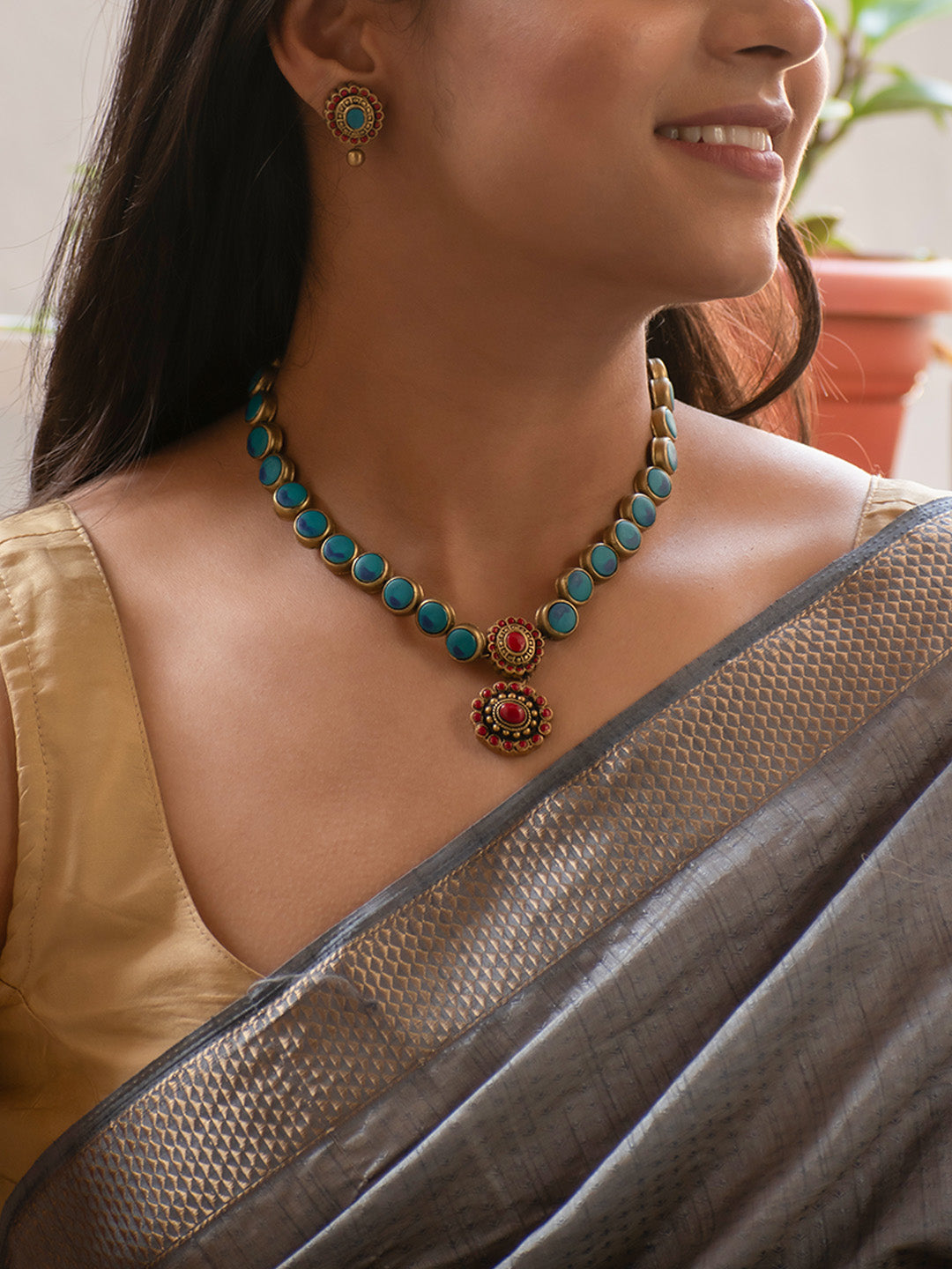 Antique Gold Blue and Red Circular Design Handmade Terracotta Necklace Set