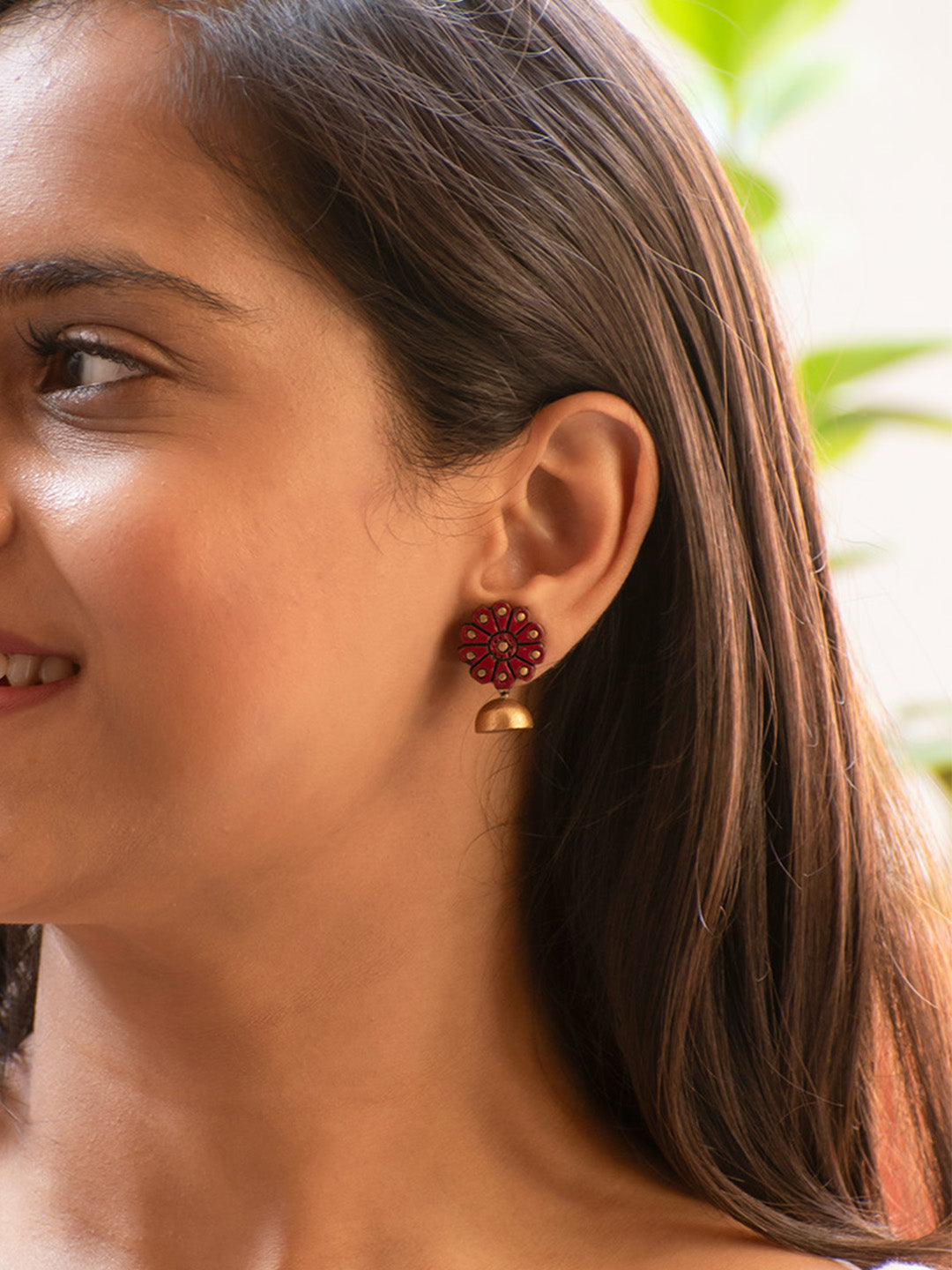 Maroon and Gold Flower Design Hand-Painted Terracotta Earrings
