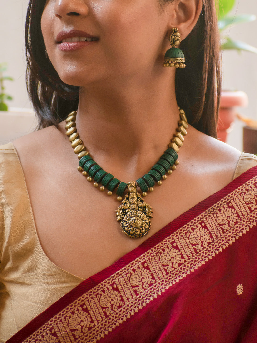 Mayurashri — Antique Gold and Green Peacock Design Handmade Terracotta Necklace Set