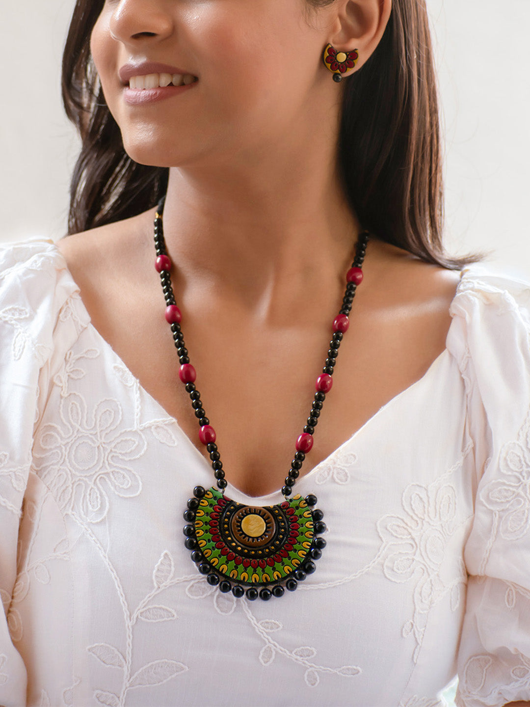 Multicolor Abstract Design Handmade Terracotta Necklace Set