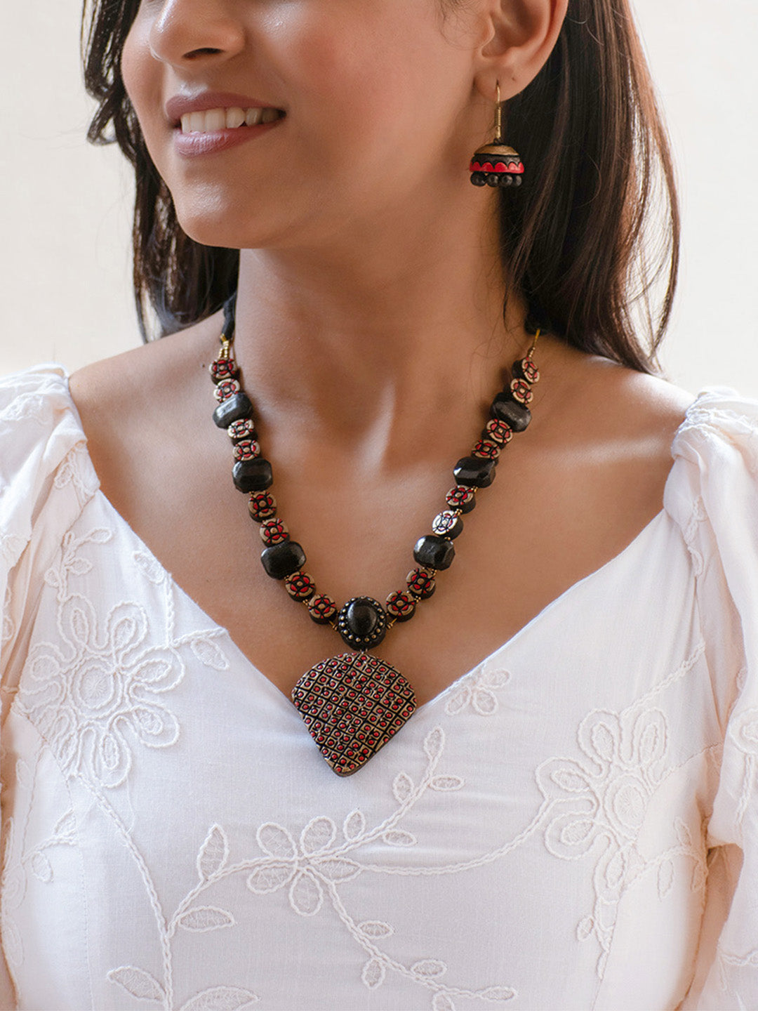 Red and Black Floral Design Handmade Terracotta Necklace Set