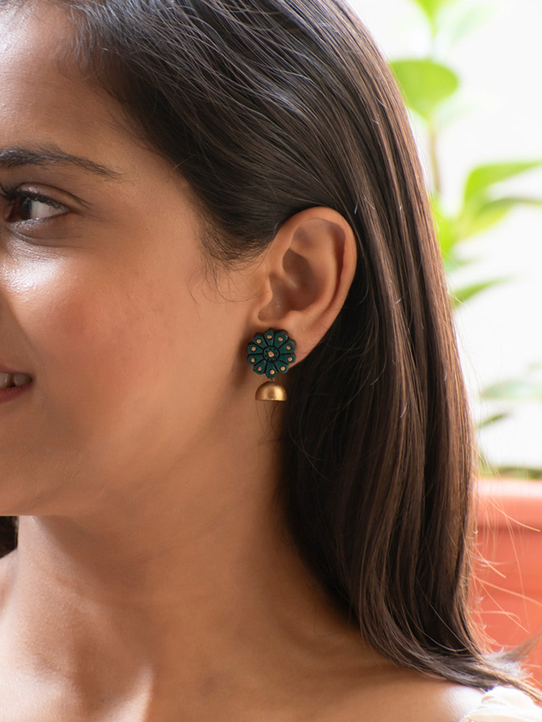 Dark Green and Gold Flower Design Hand-Painted Terracotta Earrings