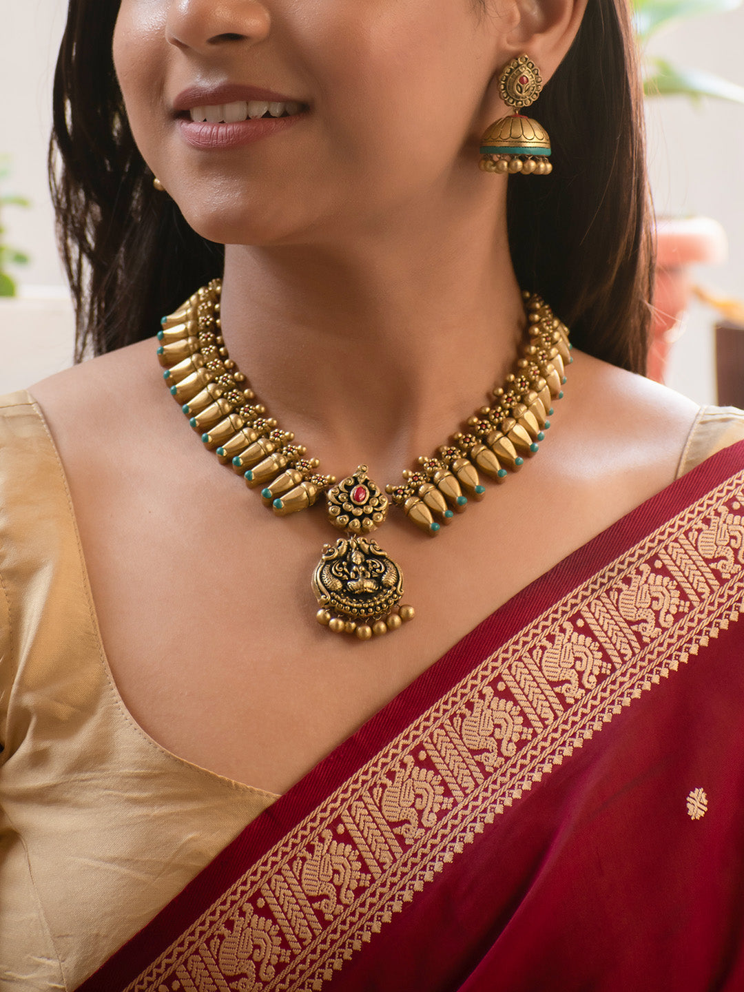 Antique Gold Red and Blue Lakshmi Design Handmade Terracotta Necklace Set