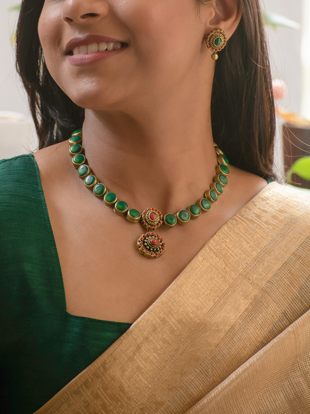 Antique Gold Green and Red Circular Design Handmade Terracotta Necklace Set