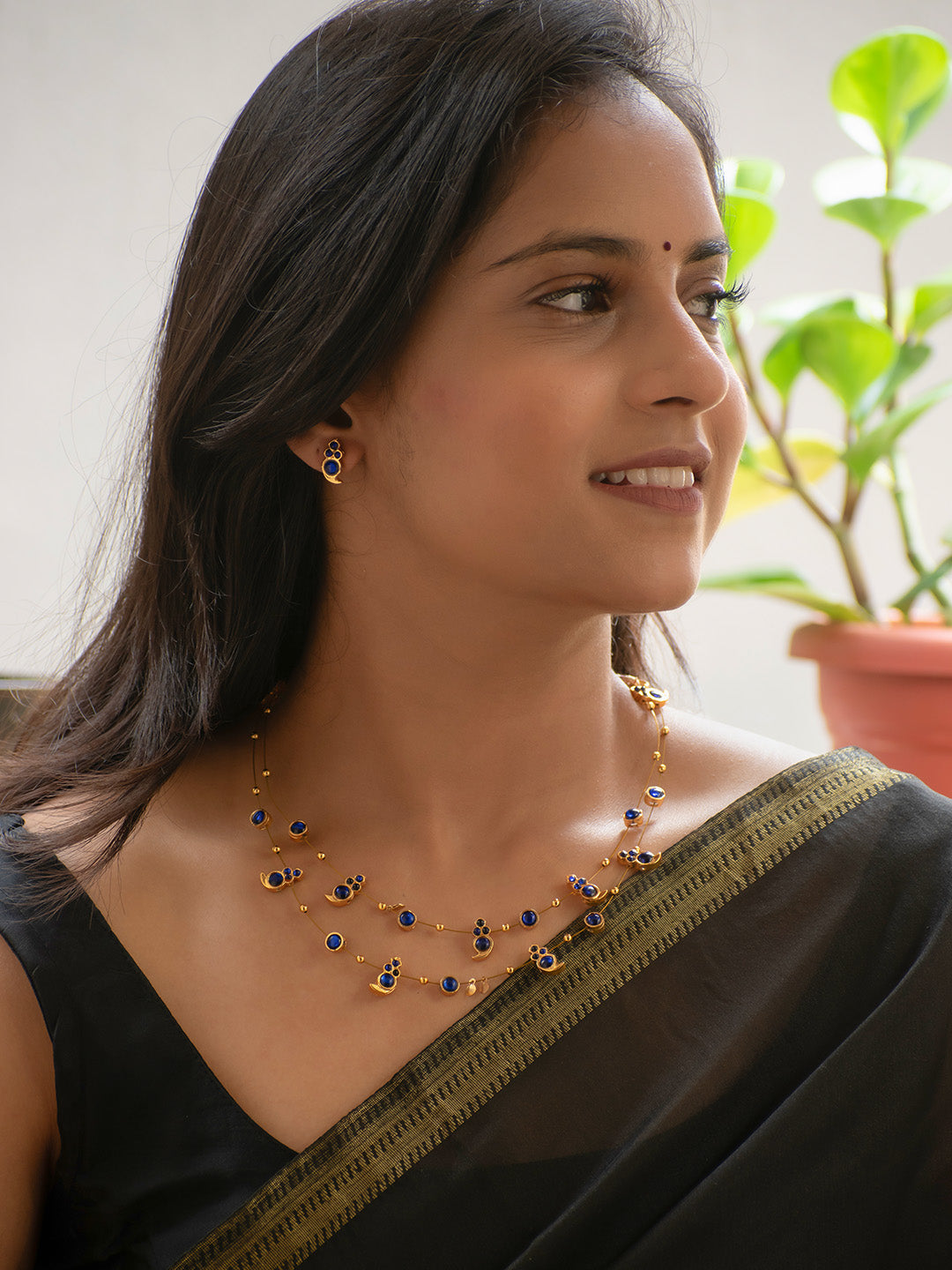 Premium Gold Finish Blue Two Layered Kemp Stones Necklace Set