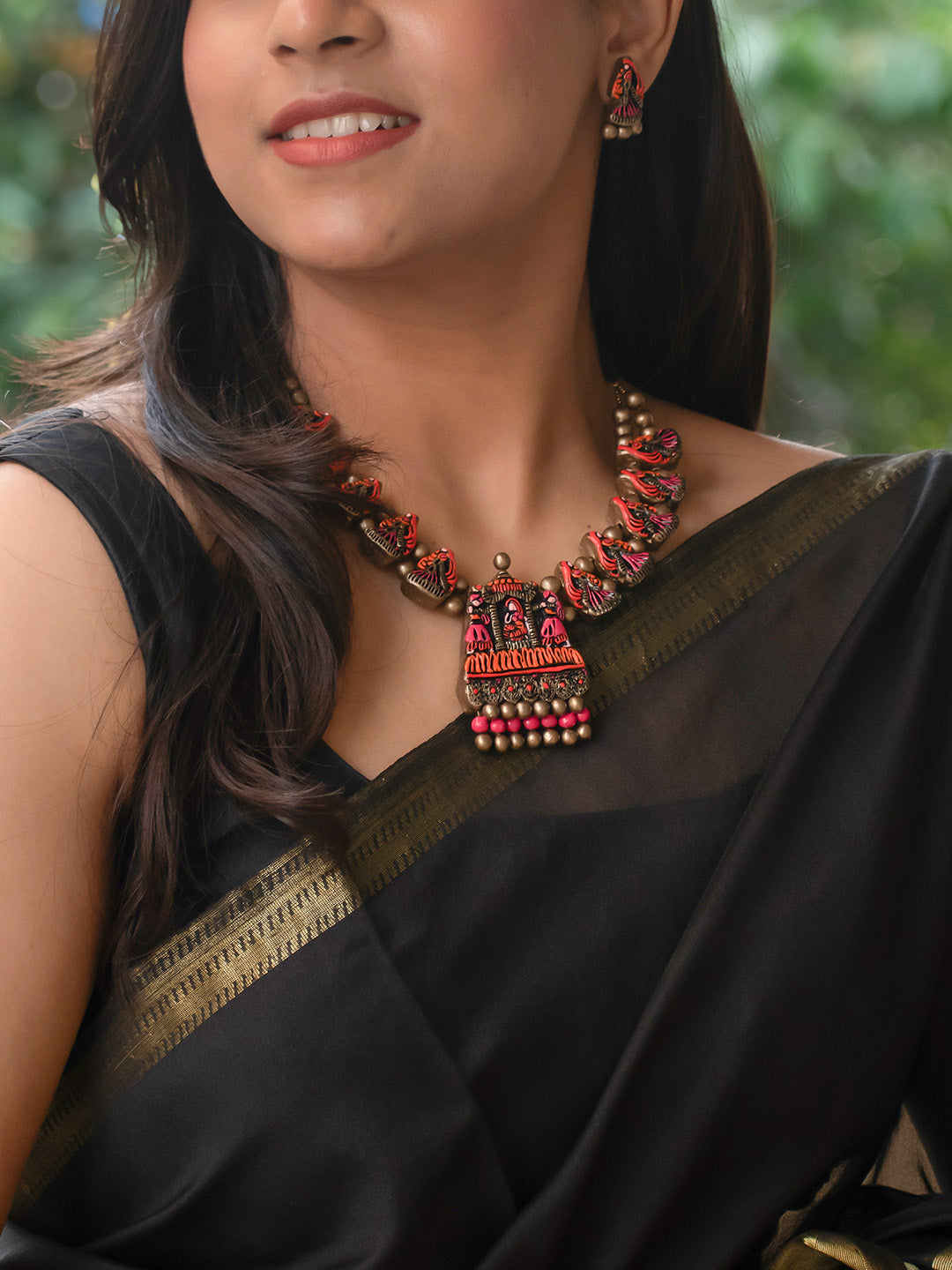 Vivid Dancers Orange Pink Gold Handmade Terracotta Necklace Set