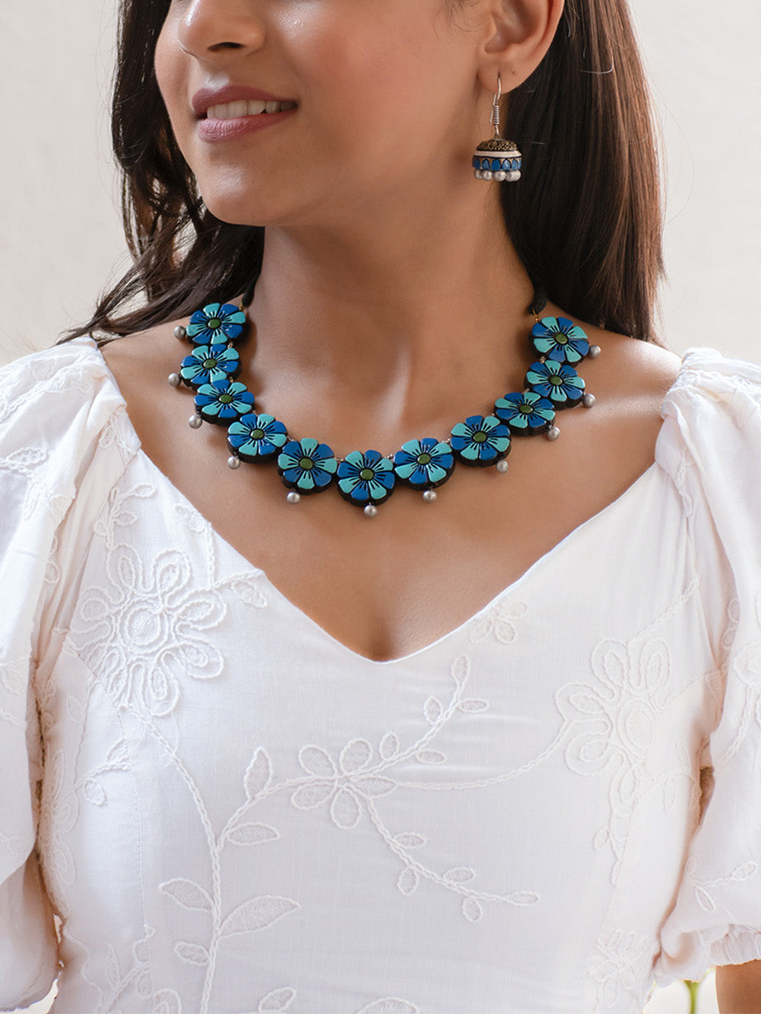 Blue Floral Design Handmade Terracotta Necklace Set