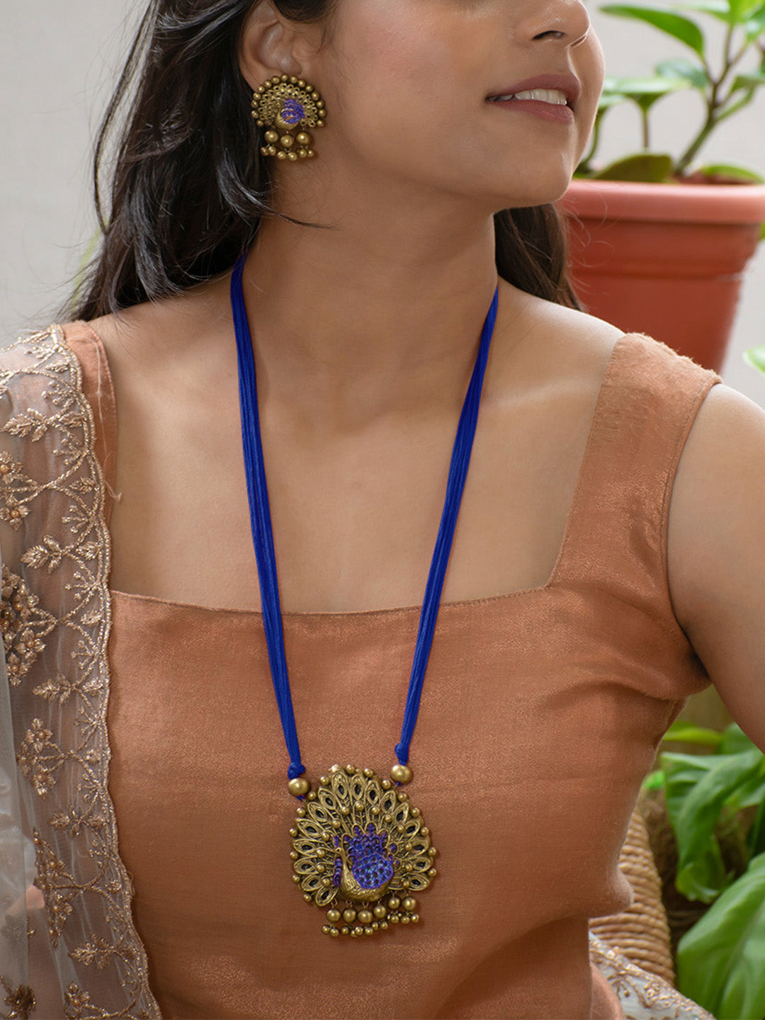 Gold and Navy Blue Design Handmade Terracotta Necklace Set