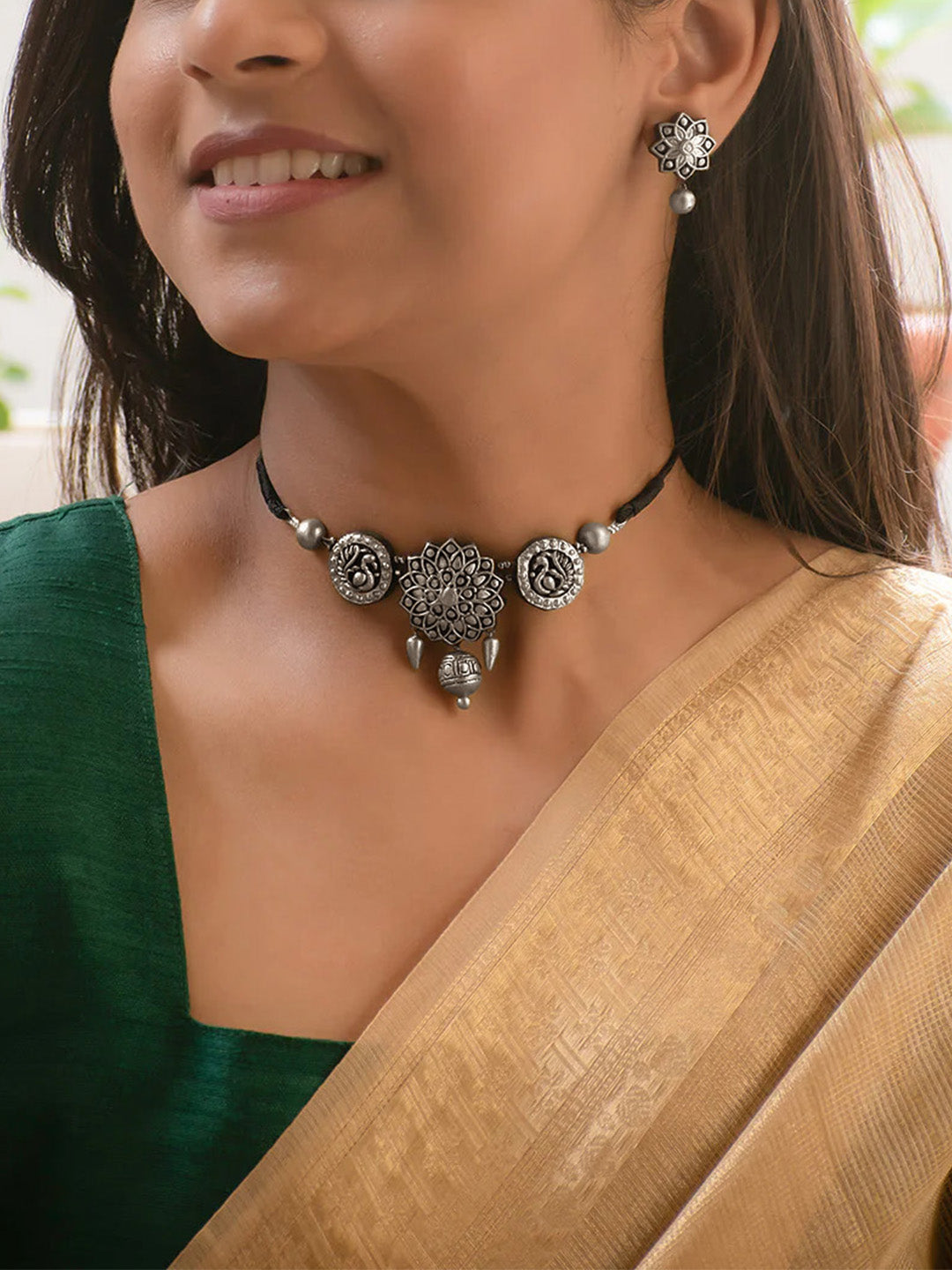 Mandala and Peacock Art work Silver Finish 100% Handmade Terracotta Choker Necklace Set - Kantara