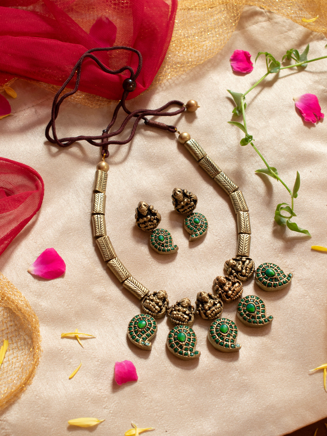 Lakshmimangala — Antique Gold Green Lakshmi and Mango Design Chain Type Temple Handmade Terracotta Necklace Set