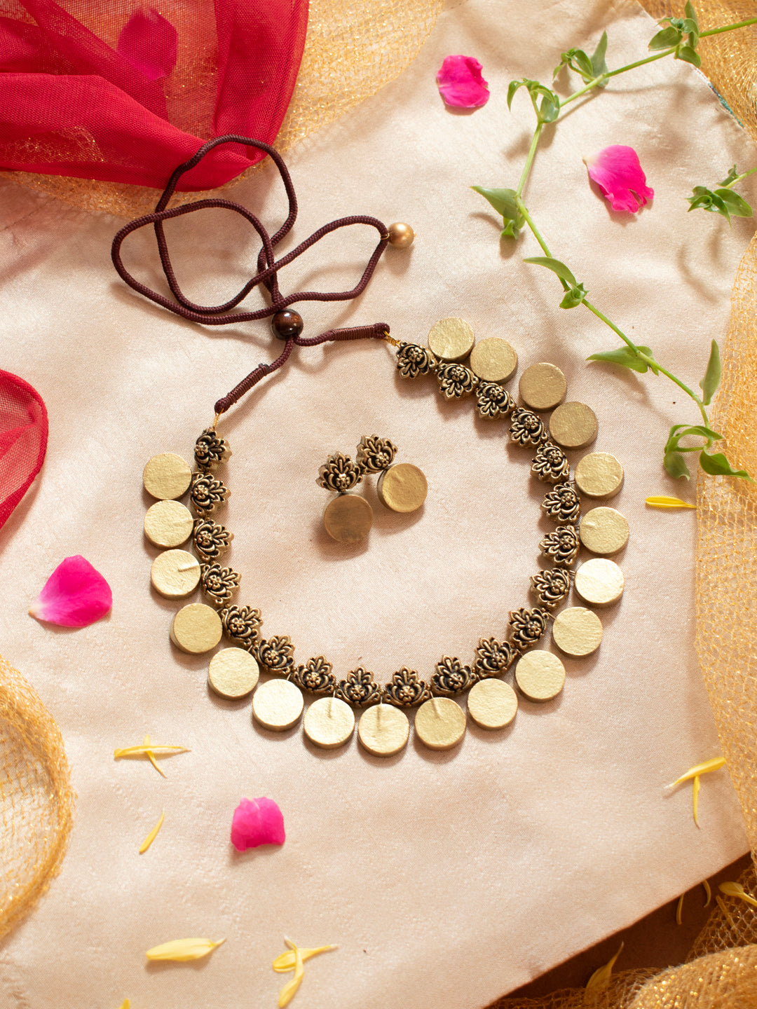 Antique Gold Floral Circular Coins Handmade Terracotta Necklace Set