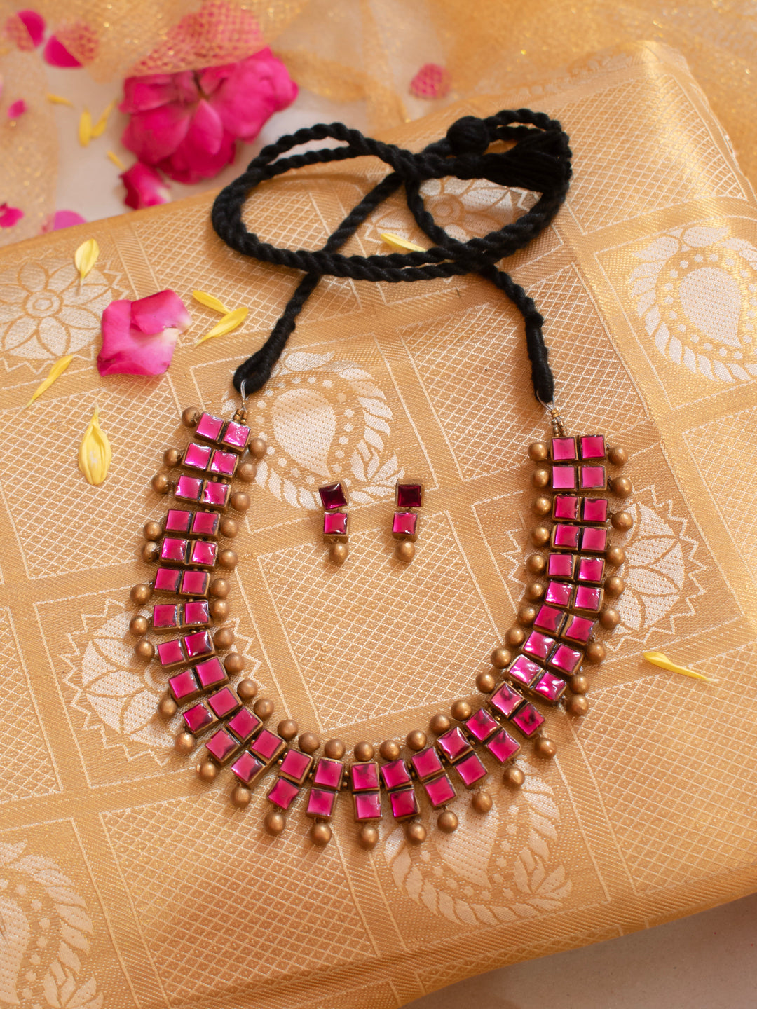 Rochika — Pink and Gold Square Design Pattern Kundan Fusion Handmade Terracotta Necklace Set