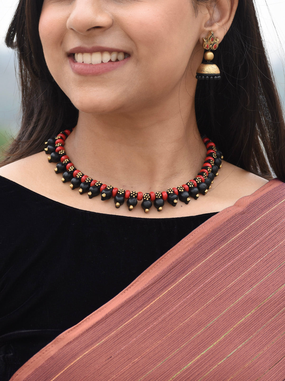 Varnamala — Antique Gold Toned Red Black Color Circular Shape Terracotta Choker Necklace Set