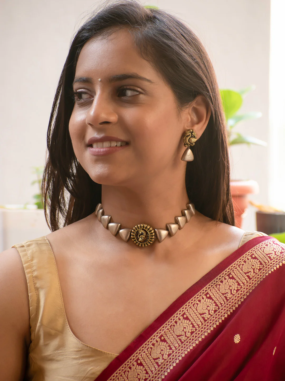 Chandramaya — Antique Gold and Silver Peacock Choker Handmade Terracotta Necklace Set