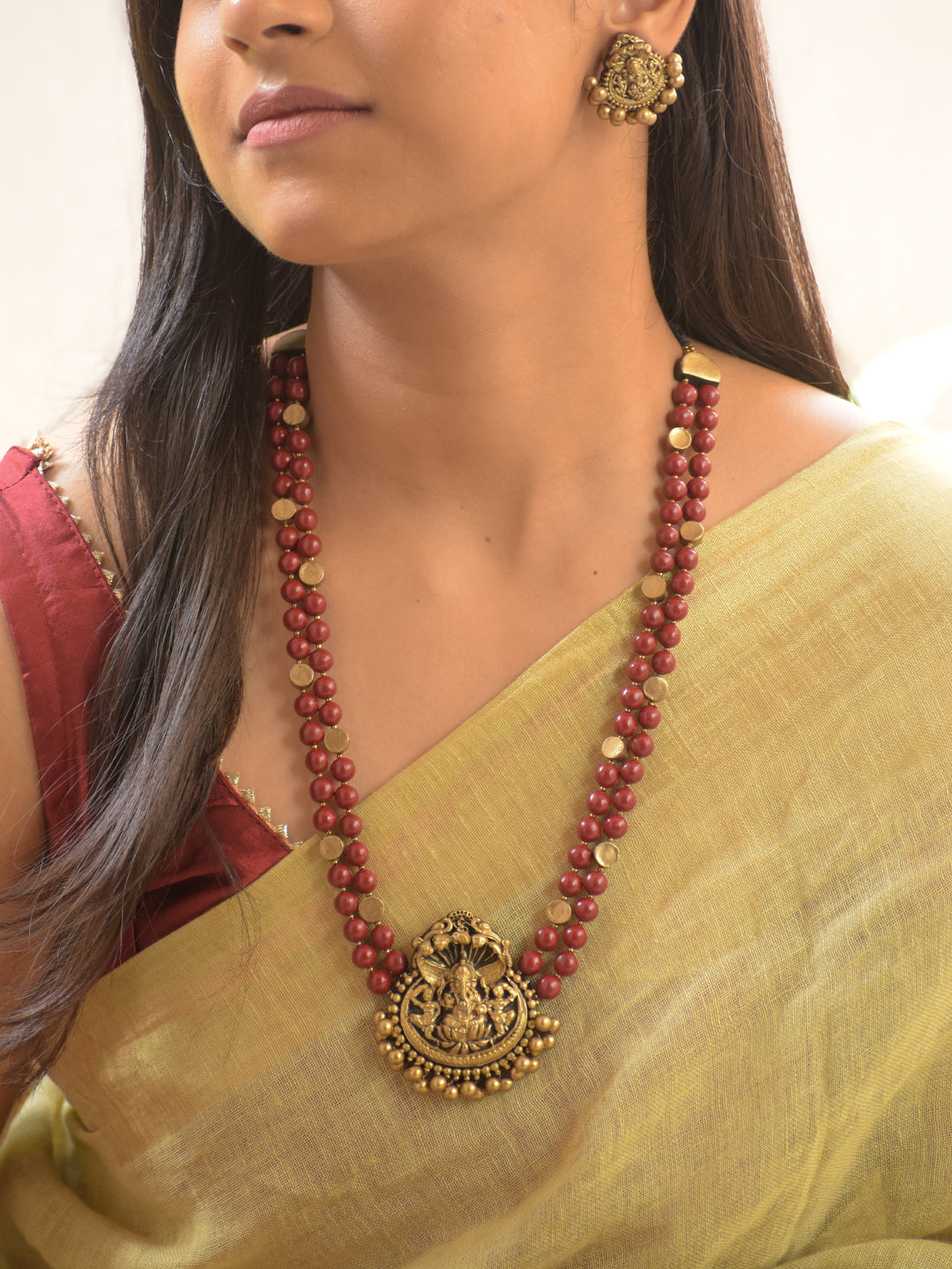 Ganeshvara - Handmade Terracotta Ganesha Pendant Necklace Set with Red Beads and Antique Finish Earrings