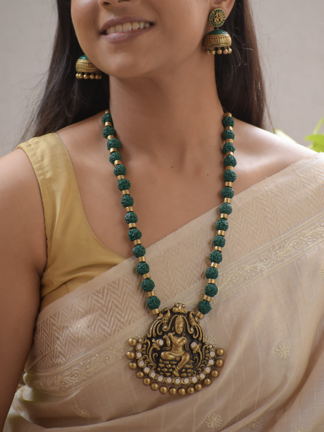 Haripriya - Handmade Terracotta Lakshmi Necklace Set – Green White & Antique Gold Earrings