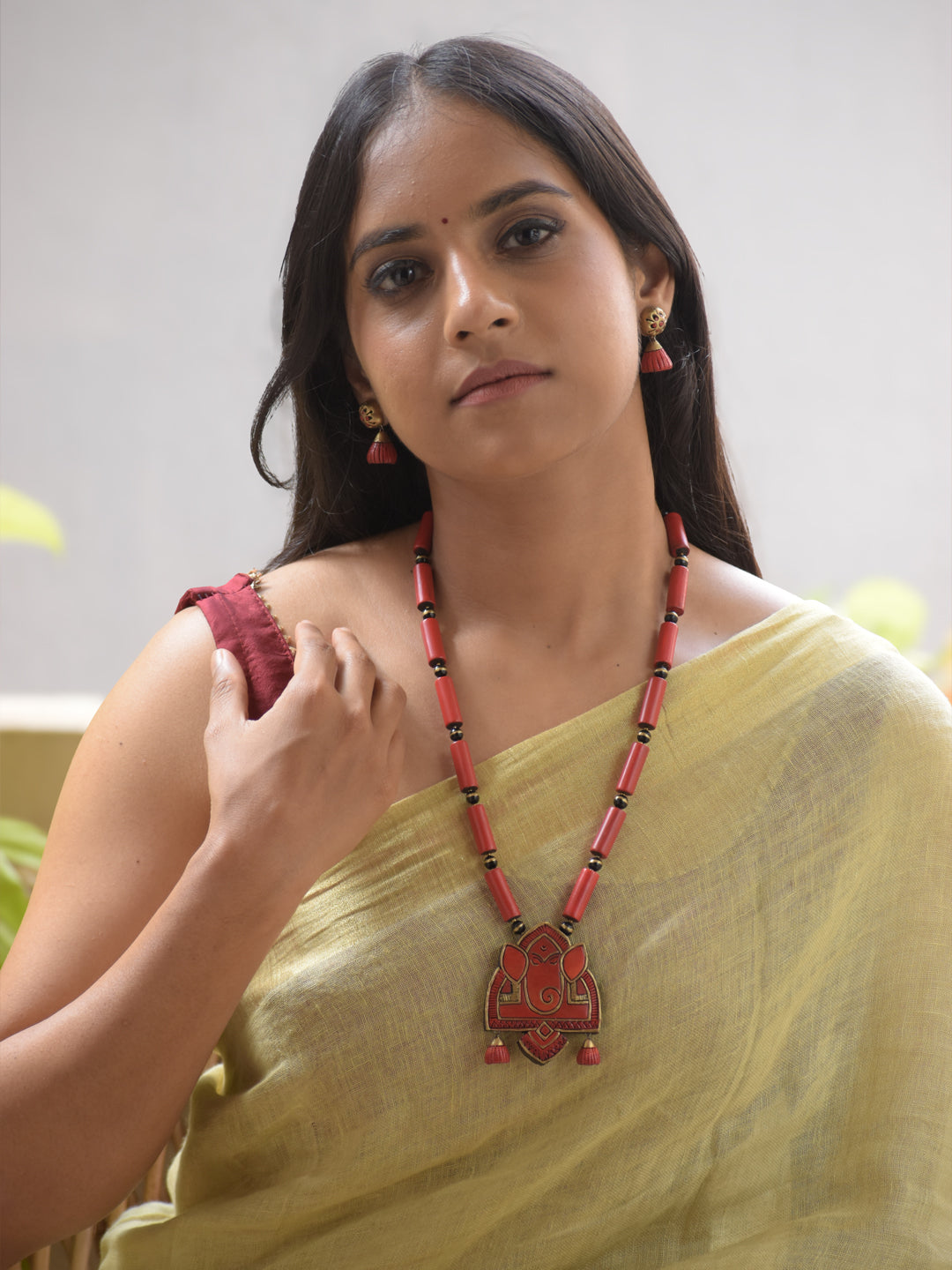 Vinayaka - Handmade Terracotta Ganesha Pendant Set – Red Tube Beads & Antique Gold Charm Matching Earrings