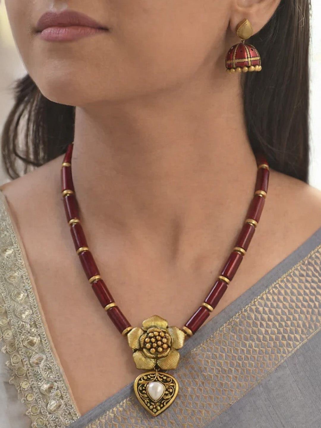 Śoṇaḥ Pushpa Lata — Golden Blossom Charm Terracotta Necklace Set With Jhumkas