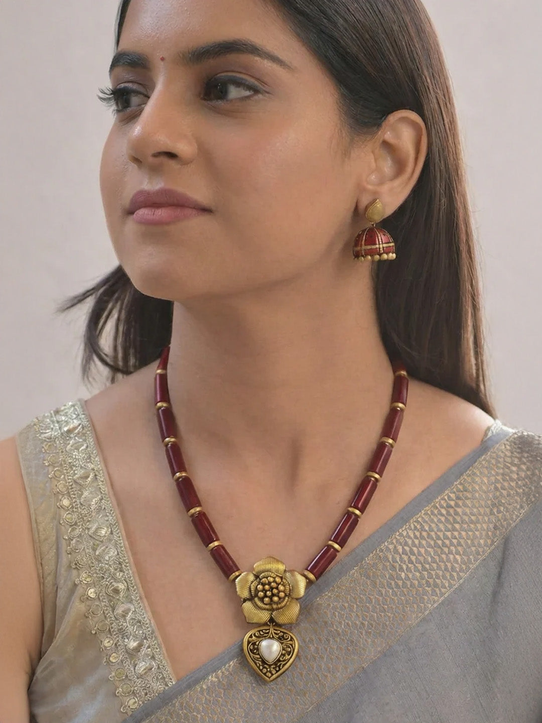 Śoṇaḥ Pushpa Lata — Golden Blossom Charm Terracotta Necklace Set With Jhumkas