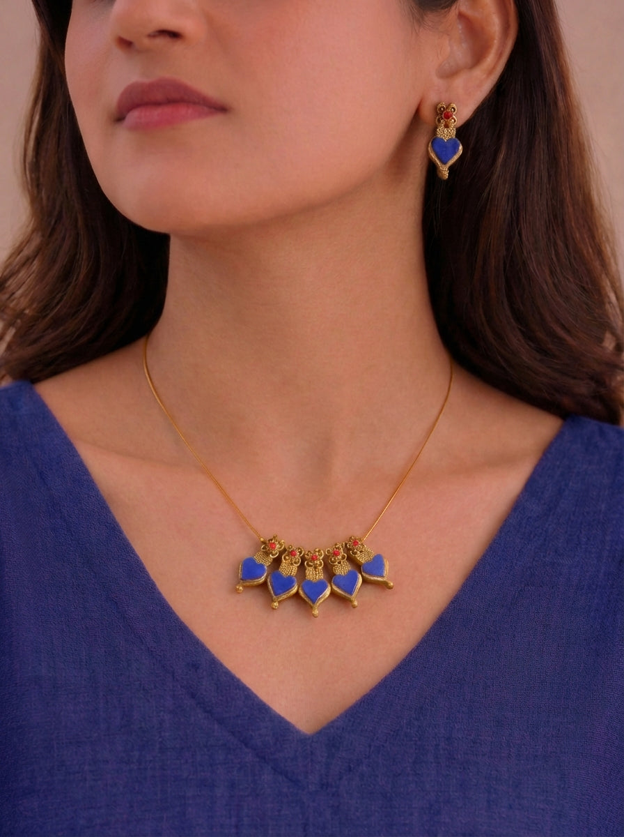 Sapphire Whisper 💙 — Minimal Blue Hearts Terracotta Necklace Set
