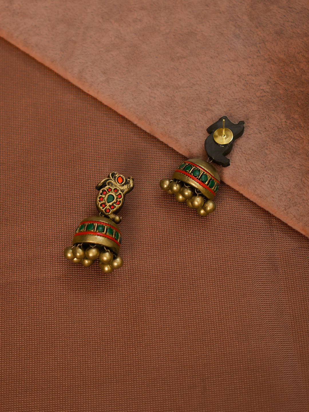 Mayuramra — Antique Gold Toned Peacock Design Pendant Red And Green Color With Mango Design Motifs Choker Handmade Terracotta Necklace Set - Kantara