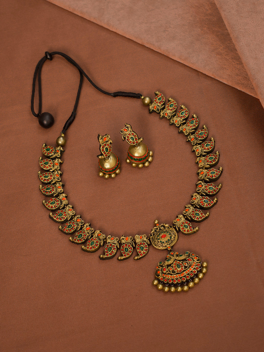 Mayuramra — Antique Gold Toned Peacock Design Pendant Red And Green Color With Mango Design Motifs Choker Handmade Terracotta Necklace Set - Kantara
