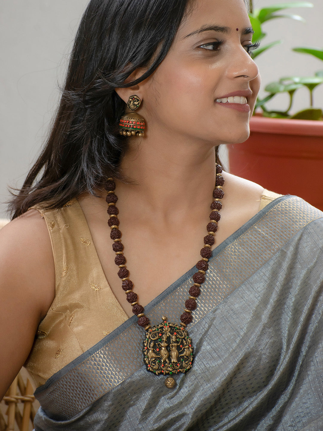 Rudraksha Radhakrishna Design Antique Gold Brown Orange Green Handmade Terracotta Necklace Set