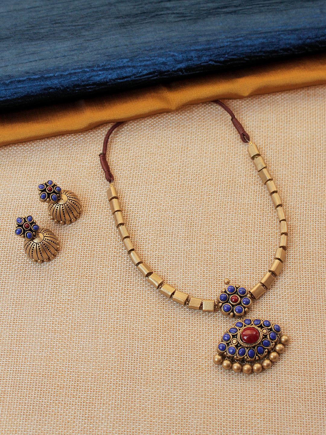 Neelamala — Attigai Design in Blue Shades Gold Premium Finish Jewelry Set in Fine Terracotta