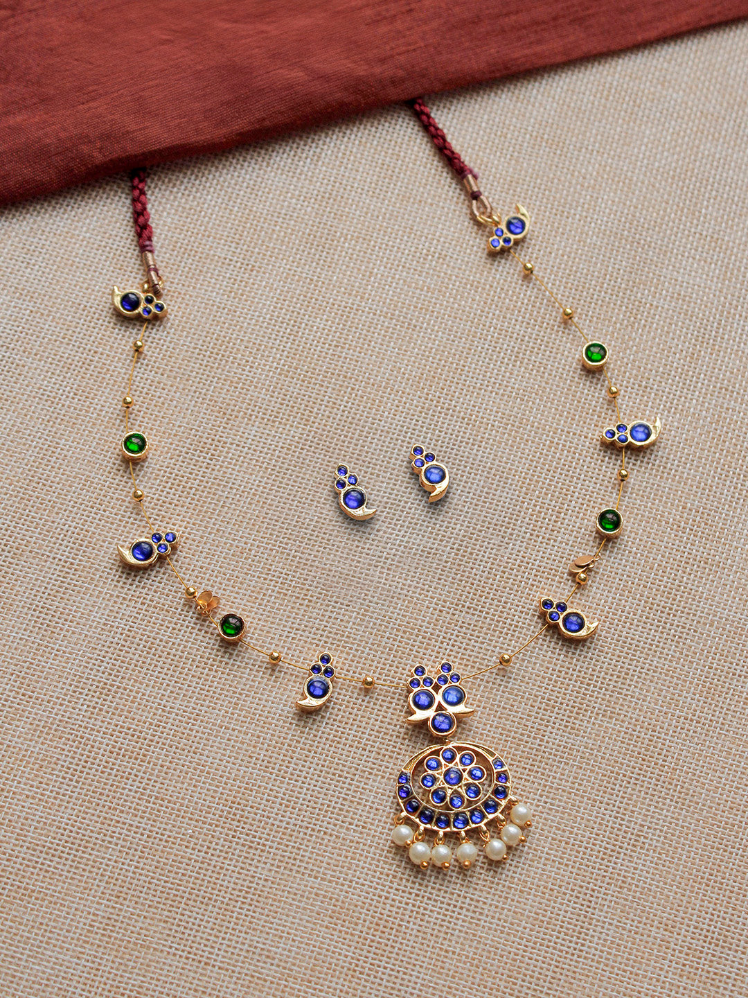 Premium Handcrafted Kemp Mango Necklace Set in Pearl Drops - Blue Green Kemp Stones